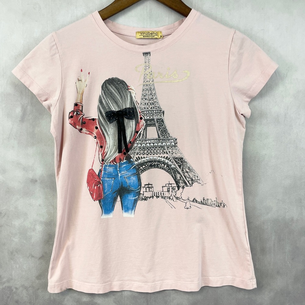 Vinizbena Paris Eiffel Tower Graphic T-Shirt Womens Medium Pink Rhinestone Glam